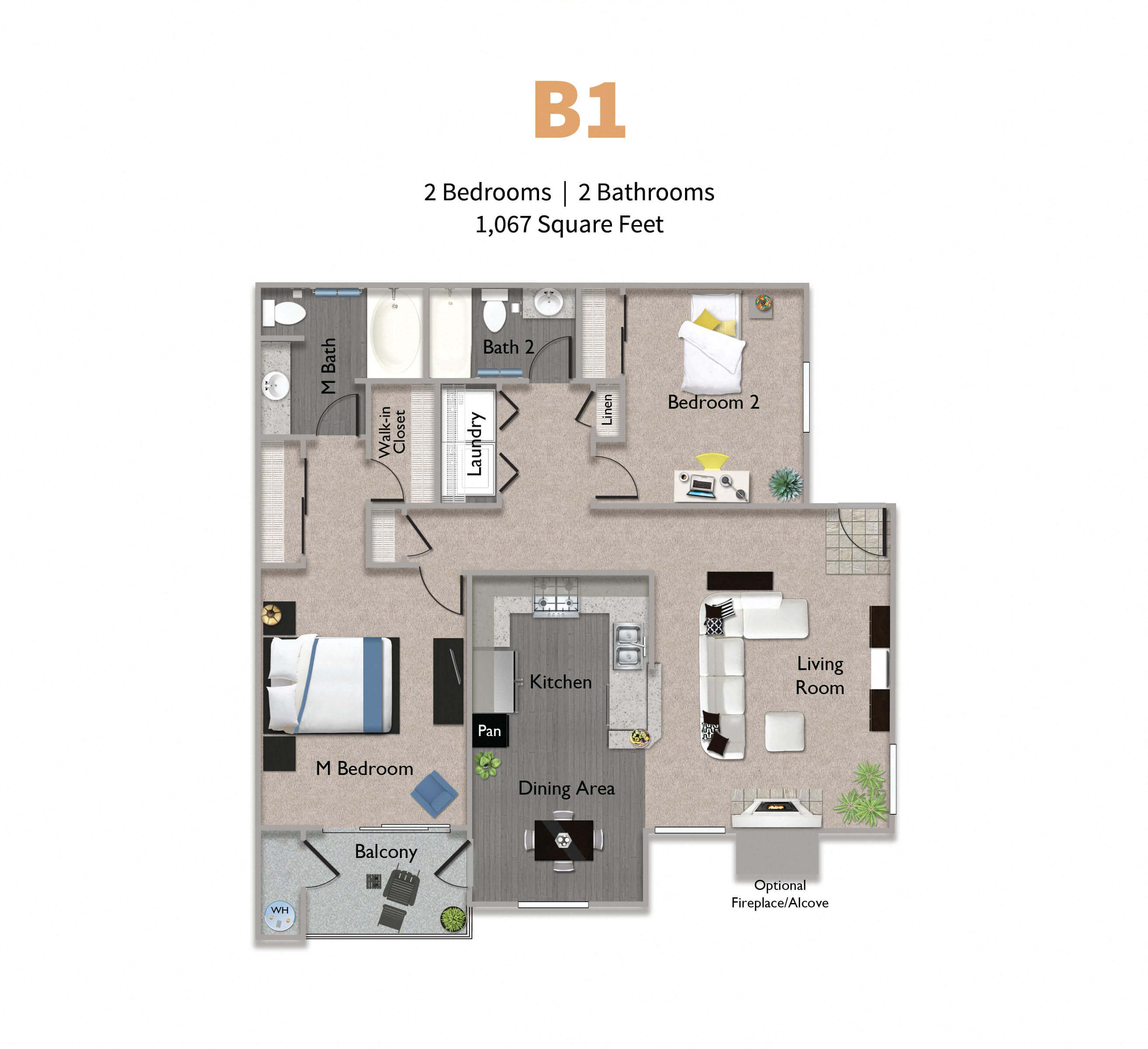 Floor plan for 2 beds, 2 baths, 1067 sqft